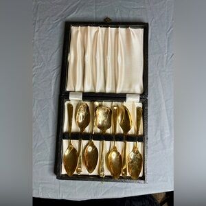 Sheffield England 6 Silver Plated Citrus Spoons with Sugar Spoon in Original Box